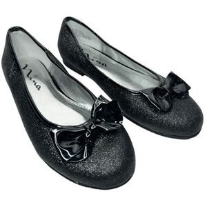 Nina Black Glitter Bow Ballet Flats Dress Shoes Sparkle Kids Size 4